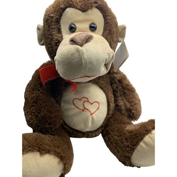 Cuddly Brown Monkey Plush Toy With Red Bow & Heart Embroidery - Ideal For Hugs - Picture 3 of 8